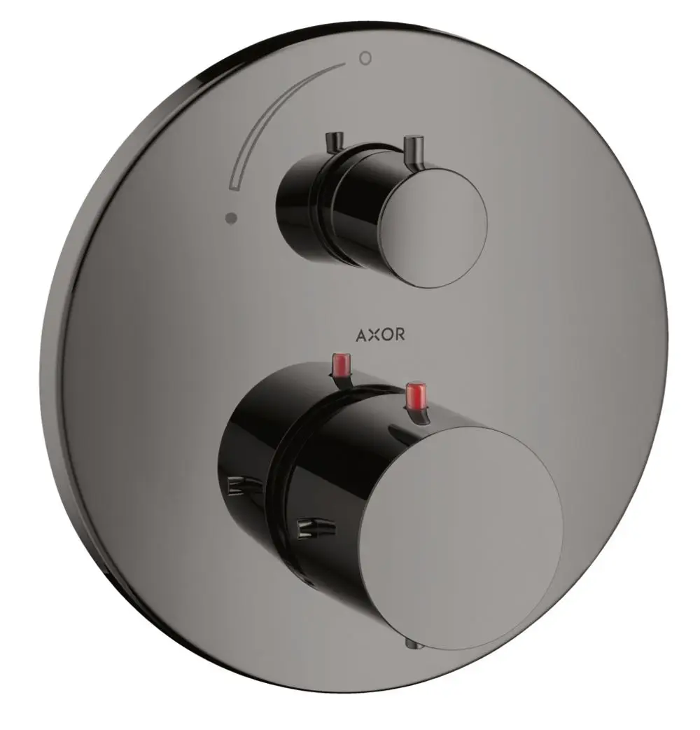 Thermostat mit zwei Drehknöpfen und roten Markierungen, montiert auf runder Platte. Design von AXOR, in glänzendem Schwarzchrom.